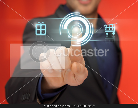 To use this stock image in your creative project, please select the size you need over to the right and click the "Add to Cart" button.
Your downloaded image will come with the Cutcaster watermark removed so don’t worry about the watermark you see on this page. handsome man in suit pressing virtual button stock photo, bright picture of handsome man in suit pressing virtual button. by Syda Productions