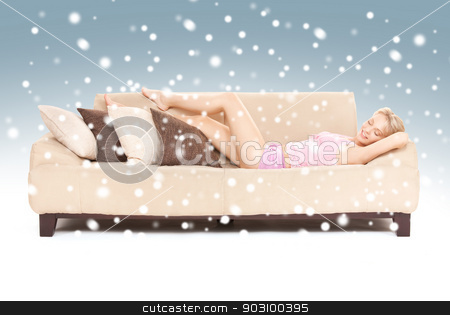 To use this stock image in your creative project, please select the size you need over to the right and click the "Add to Cart" button.
Your downloaded image will come with the Cutcaster watermark removed so don’t worry about the watermark you see on this page. sleeping woman on sofa with snow stock photo, bright picture of sleeping woman on sofa with snow by Syda Productions