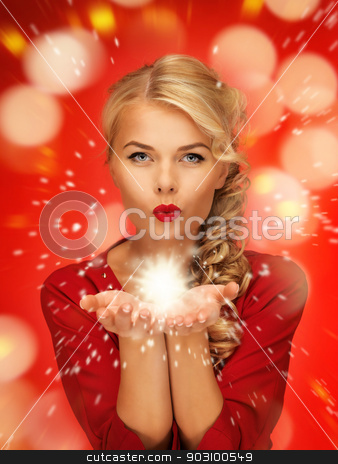 To use this stock image in your creative project, please select the size you need over to the right and click the "Add to Cart" button.
Your downloaded image will come with the Cutcaster watermark removed so don’t worry about the watermark you see on this page. woman blowing magic on the palms of her hands stock photo, lovely woman in red dress blowing magic on the palms of her hands by Syda Productions