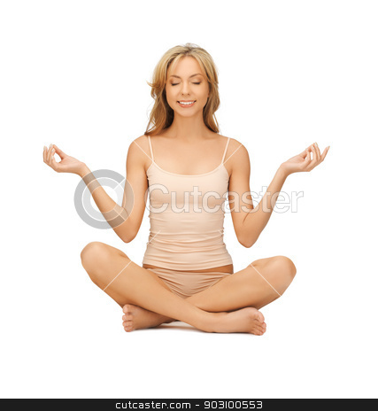 To use this stock image in your creative project, please select the size you need over to the right and click the "Add to Cart" button.
Your downloaded image will come with the Cutcaster watermark removed so don’t worry about the watermark you see on this page. woman practicing yoga lotus pose stock photo, sporty woman in cotton undrewear practicing yoga lotus pose by Syda Productions