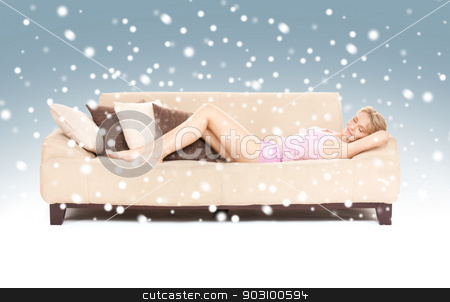To use this stock image in your creative project, please select the size you need over to the right and click the "Add to Cart" button.
Your downloaded image will come with the Cutcaster watermark removed so don’t worry about the watermark you see on this page. sleeping woman on sofa with snow stock photo, bright picture of sleeping woman on sofa with snow by Syda Productions