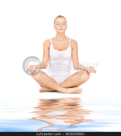 To use this stock image in your creative project, please select the size you need over to the right and click the "Add to Cart" button.
Your downloaded image will come with the Cutcaster watermark removed so don’t worry about the watermark you see on this page. woman practicing yoga lotus pose on white sand stock photo, sporty woman in cotton undrewear practicing yoga lotus pose on white sand by Syda Productions