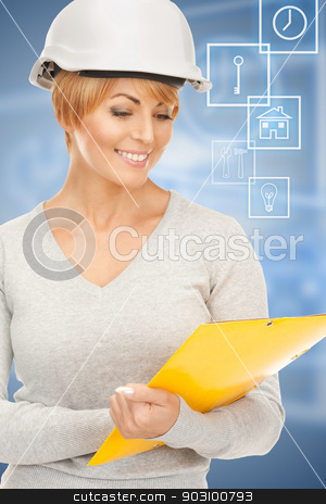 To use this stock image in your creative project, please select the size you need over to the right and click the "Add to Cart" button.
Your downloaded image will come with the Cutcaster watermark removed so don’t worry about the watermark you see on this page. contractor in helmet stock photo, bright picture of female contractor in helmet over blue by Syda Productions