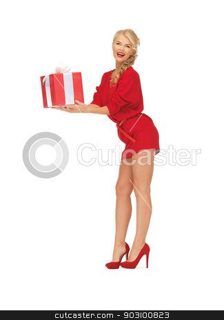 To use this stock image in your creative project, please select the size you need over to the right and click the "Add to Cart" button.
Your downloaded image will come with the Cutcaster watermark removed so don’t worry about the watermark you see on this page. lovely woman in red dress with present stock photo, bright picture of woman in red dress with present by Syda Productions