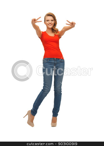 To use this stock image in your creative project, please select the size you need over to the right and click the "Add to Cart" button.
Your downloaded image will come with the Cutcaster watermark removed so don’t worry about the watermark you see on this page. teenage girl in red t-shirt showing victory sign stock photo, picture of teenage girl in red t-shirt showing victory sign by Syda Productions
