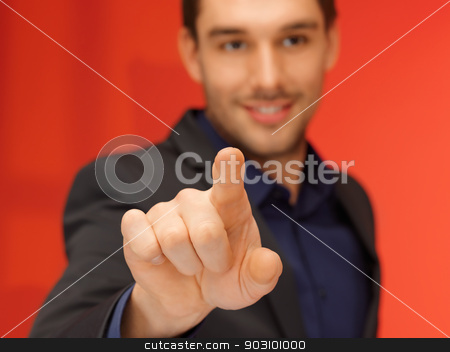 To use this stock image in your creative project, please select the size you need over to the right and click the "Add to Cart" button.
Your downloaded image will come with the Cutcaster watermark removed so don’t worry about the watermark you see on this page. handsome man in suit pressing virtual button stock photo, bright picture of handsome man in suit pressing virtual button. by Syda Productions