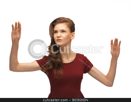 To use this stock image in your creative project, please select the size you need over to the right and click the "Add to Cart" button.
Your downloaded image will come with the Cutcaster watermark removed so don’t worry about the watermark you see on this page. teenage girl working with something imaginary stock photo, picture of teenage girl in red dress working with something imaginary by Syda Productions