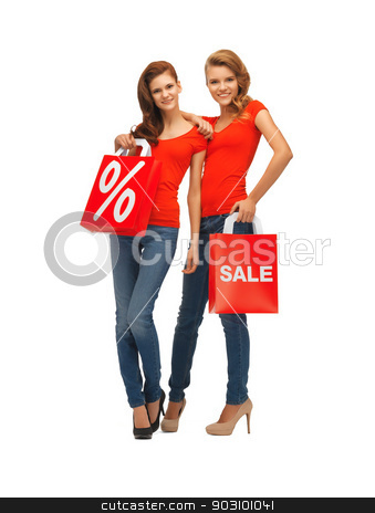 To use this stock image in your creative project, please select the size you need over to the right and click the "Add to Cart" button.
Your downloaded image will come with the Cutcaster watermark removed so don’t worry about the watermark you see on this page. two teenage girls with shopping bags stock photo, two teenage girls in red t-shirts with shopping bags by Syda Productions