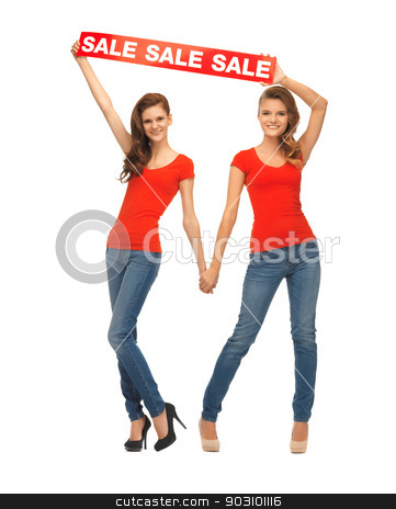To use this stock image in your creative project, please select the size you need over to the right and click the "Add to Cart" button.
Your downloaded image will come with the Cutcaster watermark removed so don’t worry about the watermark you see on this page. two teenage girls with sale sign stock photo, two teenage girls in red t-shirts with sale sign by Syda Productions