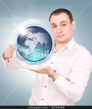 To use this stock image in your creative project, please select the size you need over to the right and click the "Add to Cart" button.
Your downloaded image will come with the Cutcaster watermark removed so don’t worry about the watermark you see on this page. earth globe on the palms of his hands stock photo, businessman showing earth globe on the palms of his hands by Syda Productions