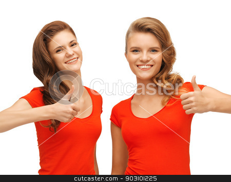 To use this stock image in your creative project, please select the size you need over to the right and click the "Add to Cart" button.
Your downloaded image will come with the Cutcaster watermark removed so don’t worry about the watermark you see on this page. wo teenage girls in red t-shirts showing thumbs up stock photo, picture of two teenage girls in red t-shirts showing thumbs up by Syda Productions