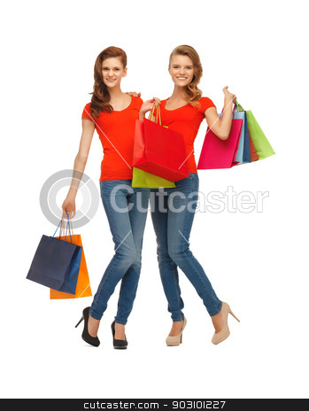 To use this stock image in your creative project, please select the size you need over to the right and click the "Add to Cart" button.
Your downloaded image will come with the Cutcaster watermark removed so don’t worry about the watermark you see on this page. two teenage girls with shopping bags stock photo, two teenage girls in red t-shirts with shopping bags by Syda Productions