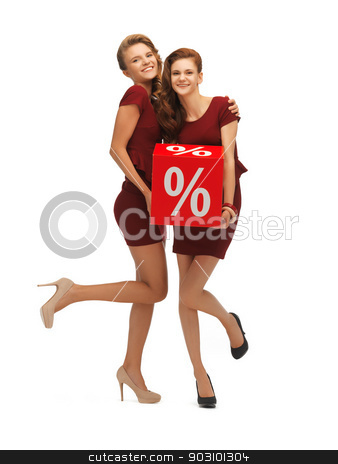 To use this stock image in your creative project, please select the size you need over to the right and click the "Add to Cart" button.
Your downloaded image will come with the Cutcaster watermark removed so don’t worry about the watermark you see on this page. two teenage girls in red dresses with percent sign stock photo, picture of two teenage girls in red dresses with percent sign by Syda Productions