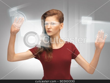 To use this stock image in your creative project, please select the size you need over to the right and click the "Add to Cart" button.
Your downloaded image will come with the Cutcaster watermark removed so don’t worry about the watermark you see on this page. teenage girl working with virtual screen stock photo, picture of teenage girl in red dress working with virtual screen by Syda Productions