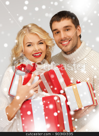 To use this stock image in your creative project, please select the size you need over to the right and click the "Add to Cart" button.
Your downloaded image will come with the Cutcaster watermark removed so don’t worry about the watermark you see on this page. family couple in a sweaters with gift boxes stock photo, picture of family couple in a sweaters with gift boxes by Syda Productions