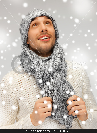 To use this stock image in your creative project, please select the size you need over to the right and click the "Add to Cart" button.
Your downloaded image will come with the Cutcaster watermark removed so don’t worry about the watermark you see on this page. handsome man in warm sweater, hat and scarf stock photo, picture of handsome man in warm sweater, hat and scarf. by Syda Productions