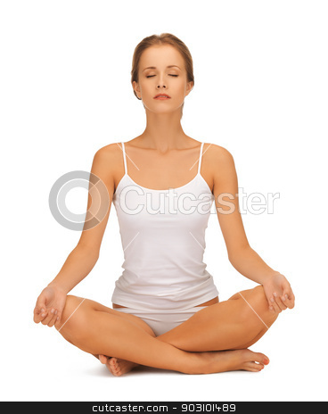 To use this stock image in your creative project, please select the size you need over to the right and click the "Add to Cart" button.
Your downloaded image will come with the Cutcaster watermark removed so don’t worry about the watermark you see on this page. woman in undrewear practicing yoga lotus pose stock photo, sporty woman in cotton undrewear practicing yoga lotus pose by Syda Productions