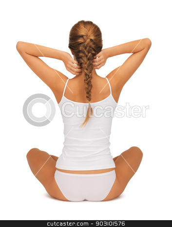 To use this stock image in your creative project, please select the size you need over to the right and click the "Add to Cart" button.
Your downloaded image will come with the Cutcaster watermark removed so don’t worry about the watermark you see on this page. woman in undrewear practicing yoga lotus pose stock photo, sporty woman in cotton undrewear practicing yoga lotus pose by Syda Productions