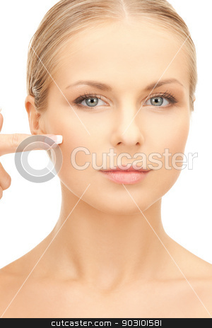 To use this stock image in your creative project, please select the size you need over to the right and click the "Add to Cart" button.
Your downloaded image will come with the Cutcaster watermark removed so don’t worry about the watermark you see on this page. beautiful woman pointing to cheek stock photo, bright picture of beautiful woman pointing to cheek. by Syda Productions