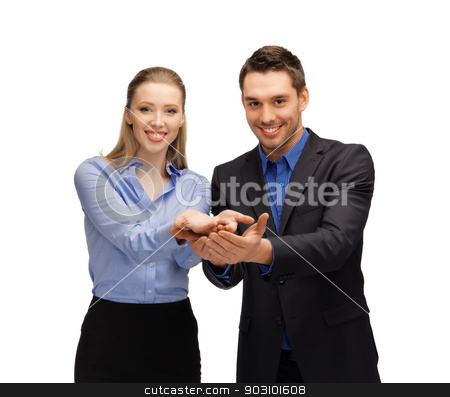 To use this stock image in your creative project, please select the size you need over to the right and click the "Add to Cart" button.
Your downloaded image will come with the Cutcaster watermark removed so don’t worry about the watermark you see on this page. man and woman showing something on the palms stock photo, picture of man and woman showing something on the palms. by Syda Productions