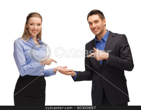 To use this stock image in your creative project, please select the size you need over to the right and click the "Add to Cart" button.
Your downloaded image will come with the Cutcaster watermark removed so don’t worry about the watermark you see on this page. man and woman showing something on the palms stock photo, bright picture of man and woman showing something on the palms by Syda Productions