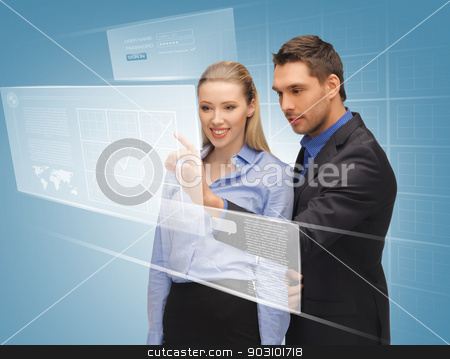 To use this stock image in your creative project, please select the size you need over to the right and click the "Add to Cart" button.
Your downloaded image will come with the Cutcaster watermark removed so don’t worry about the watermark you see on this page. man and woman working with virtual touch screens stock photo, picture of man and woman working with virtual touch screens by Syda Productions