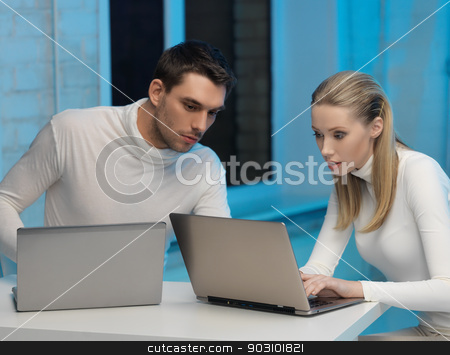 To use this stock image in your creative project, please select the size you need over to the right and click the "Add to Cart" button.
Your downloaded image will come with the Cutcaster watermark removed so don’t worry about the watermark you see on this page. man and woman in laboratory stock photo, picture of man and woman in space laboratory by Syda Productions