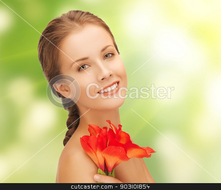 To use this stock image in your creative project, please select the size you need over to the right and click the "Add to Cart" button.
Your downloaded image will come with the Cutcaster watermark removed so don’t worry about the watermark you see on this page. lovely woman with red lily flower stock photo, bright picture of lovely woman with red lily flower by Syda Productions
