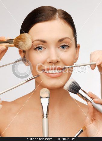To use this stock image in your creative project, please select the size you need over to the right and click the "Add to Cart" button.
Your downloaded image will come with the Cutcaster watermark removed so don’t worry about the watermark you see on this page. beautiful woman with brushes stock photo, bright closeup portrait picture of beautiful woman with brushes. by Syda Productions