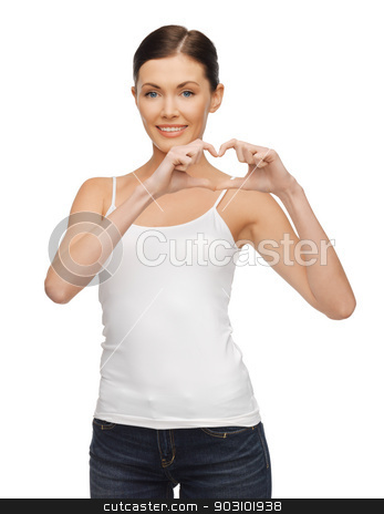 To use this stock image in your creative project, please select the size you need over to the right and click the "Add to Cart" button.
Your downloaded image will come with the Cutcaster watermark removed so don’t worry about the watermark you see on this page. woman in blank t-shirt stock photo, picture of woman in blank t-shirt forming heart shape by Syda Productions