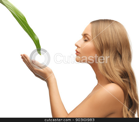 To use this stock image in your creative project, please select the size you need over to the right and click the "Add to Cart" button.
Your downloaded image will come with the Cutcaster watermark removed so don’t worry about the watermark you see on this page. woman with green leaf stock photo, picture of woman with green leaf over white. by Syda Productions