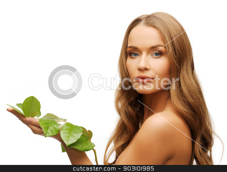 To use this stock image in your creative project, please select the size you need over to the right and click the "Add to Cart" button.
Your downloaded image will come with the Cutcaster watermark removed so don’t worry about the watermark you see on this page. woman with green leaf stock photo, picture of woman with green leaf over white. by Syda Productions