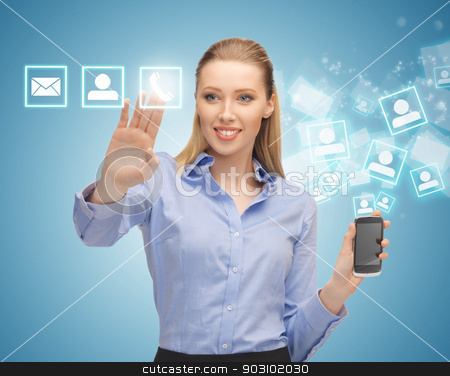 To use this stock image in your creative project, please select the size you need over to the right and click the "Add to Cart" button.
Your downloaded image will come with the Cutcaster watermark removed so don’t worry about the watermark you see on this page. woman with smartphone stock photo, bright picture of woman with smartphone by Syda Productions