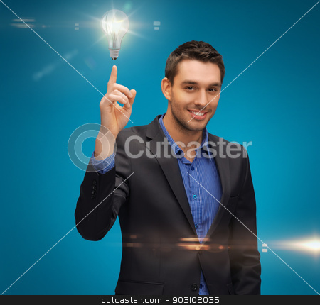 To use this stock image in your creative project, please select the size you need over to the right and click the "Add to Cart" button.
Your downloaded image will come with the Cutcaster watermark removed so don’t worry about the watermark you see on this page. man in suit with light bulb stock photo, picture of man in suit with light bulb by Syda Productions