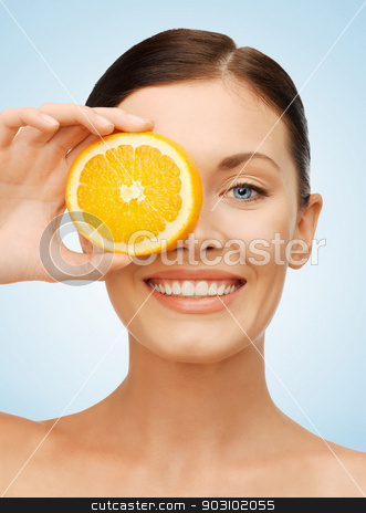 To use this stock image in your creative project, please select the size you need over to the right and click the "Add to Cart" button.
Your downloaded image will come with the Cutcaster watermark removed so don’t worry about the watermark you see on this page. woman with orange slice stock photo, bright picture of beautiful woman with orange slice by Syda Productions