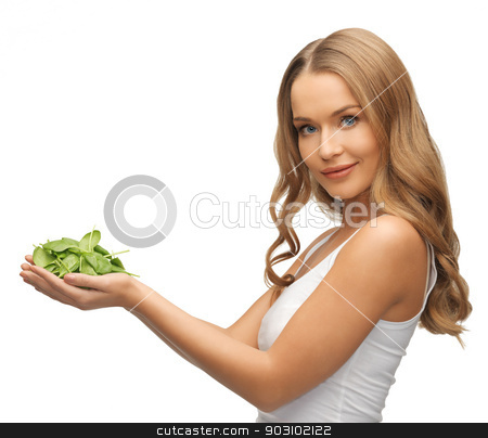 To use this stock image in your creative project, please select the size you need over to the right and click the "Add to Cart" button.
Your downloaded image will come with the Cutcaster watermark removed so don’t worry about the watermark you see on this page. woman with spinach leaves on palms stock photo, bright picture of woman with spinach leaves on palms by Syda Productions