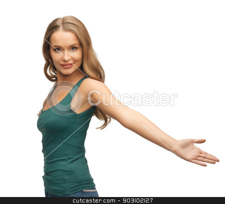 To use this stock image in your creative project, please select the size you need over to the right and click the "Add to Cart" button.
Your downloaded image will come with the Cutcaster watermark removed so don’t worry about the watermark you see on this page. woman spreading hands stock photo, picture of happy and smiling woman spreading hands. by Syda Productions