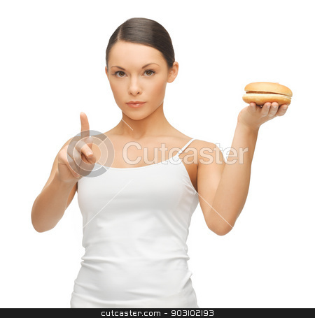 To use this stock image in your creative project, please select the size you need over to the right and click the "Add to Cart" button.
Your downloaded image will come with the Cutcaster watermark removed so don’t worry about the watermark you see on this page. woman with hamburger stock photo, bright picture of beautiful woman with hamburger by Syda Productions