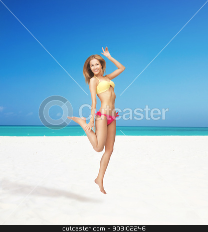 To use this stock image in your creative project, please select the size you need over to the right and click the "Add to Cart" button.
Your downloaded image will come with the Cutcaster watermark removed so don’t worry about the watermark you see on this page. happy jumping woman on the beach stock photo, bright picture of happy jumping woman on the beach. by Syda Productions