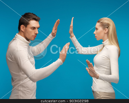 To use this stock image in your creative project, please select the size you need over to the right and click the "Add to Cart" button.
Your downloaded image will come with the Cutcaster watermark removed so don’t worry about the watermark you see on this page. man and woman working with something imaginary stock photo, picture of man and woman working with something imaginary. by Syda Productions