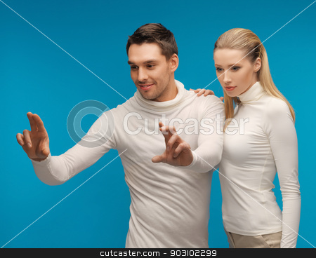 To use this stock image in your creative project, please select the size you need over to the right and click the "Add to Cart" button.
Your downloaded image will come with the Cutcaster watermark removed so don’t worry about the watermark you see on this page. man and woman working with something imaginary stock photo, picture of man and woman working with something imaginary by Syda Productions