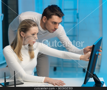 To use this stock image in your creative project, please select the size you need over to the right and click the "Add to Cart" button.
Your downloaded image will come with the Cutcaster watermark removed so don’t worry about the watermark you see on this page. man and woman in laboratory stock photo, picture of man and woman in space laboratory by Syda Productions