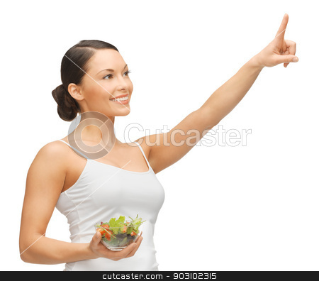To use this stock image in your creative project, please select the size you need over to the right and click the "Add to Cart" button.
Your downloaded image will come with the Cutcaster watermark removed so don’t worry about the watermark you see on this page. woman with salad stock photo, woman holding salad and working with something imaginary by Syda Productions