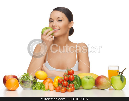 To use this stock image in your creative project, please select the size you need over to the right and click the "Add to Cart" button.
Your downloaded image will come with the Cutcaster watermark removed so don’t worry about the watermark you see on this page. woman with fruits and vegetables stock photo, picture of beautiful woman with fruits and vegetables by Syda Productions