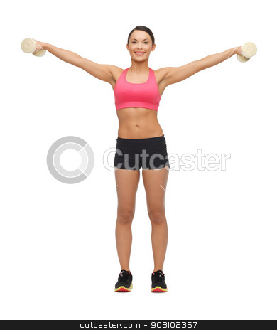 To use this stock image in your creative project, please select the size you need over to the right and click the "Add to Cart" button.
Your downloaded image will come with the Cutcaster watermark removed so don’t worry about the watermark you see on this page. woman with dumbbells stock photo, picture of beautiful sporty woman with dumbbells by Syda Productions