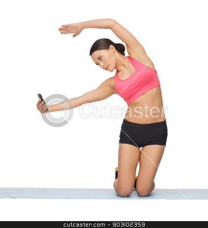 To use this stock image in your creative project, please select the size you need over to the right and click the "Add to Cart" button.
Your downloaded image will come with the Cutcaster watermark removed so don’t worry about the watermark you see on this page. beautiful sporty woman doing exercise stock photo, beautiful sporty woman with smartphone doing exercise by Syda Productions