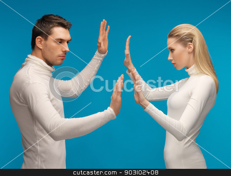 To use this stock image in your creative project, please select the size you need over to the right and click the "Add to Cart" button.
Your downloaded image will come with the Cutcaster watermark removed so don’t worry about the watermark you see on this page. man and woman working with something imaginary stock photo, picture of man and woman working with something imaginary. by Syda Productions