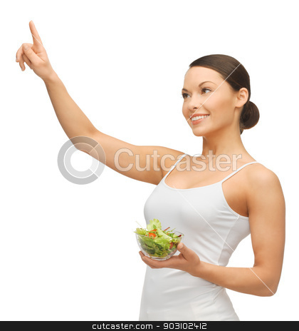 To use this stock image in your creative project, please select the size you need over to the right and click the "Add to Cart" button.
Your downloaded image will come with the Cutcaster watermark removed so don’t worry about the watermark you see on this page. woman with salad stock photo, woman holding salad and working with something imaginary by Syda Productions