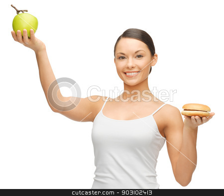 To use this stock image in your creative project, please select the size you need over to the right and click the "Add to Cart" button.
Your downloaded image will come with the Cutcaster watermark removed so don’t worry about the watermark you see on this page. woman with hamburger and apple stock photo, picture of beautiful woman with hamburger and apple by Syda Productions