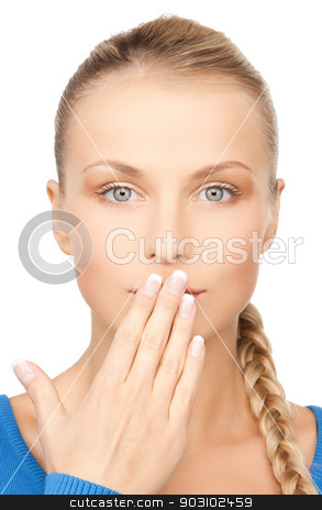 To use this stock image in your creative project, please select the size you need over to the right and click the "Add to Cart" button.
Your downloaded image will come with the Cutcaster watermark removed so don’t worry about the watermark you see on this page. woman with hand over mouth stock photo, bright closeup picture of woman with hand over mouth. by Syda Productions